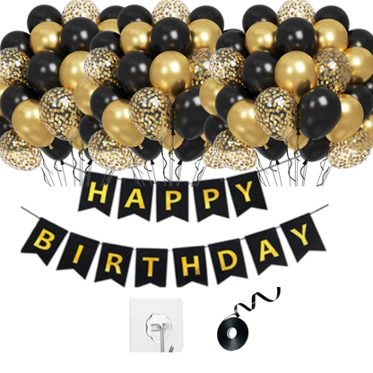 Happy Birthday Banner, Black and Gold Birthday Decoration Set of 13- Birthday Banner with 12inch Balloons, Ribbon and Adhesive Wall Hooks for Happy Birthday Decorations for Men, Boys, Women and Girls
