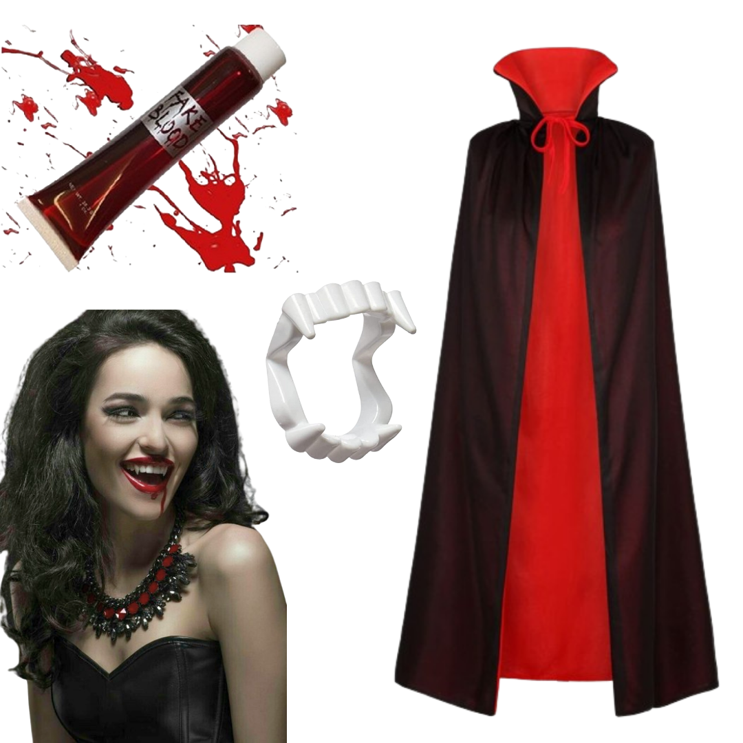 Vampire Costume Set for Adult Teen Unisex-Halloween Vampire Reversible Cloak, Vampire Fangs, Fake Blood for Halloween Costumes