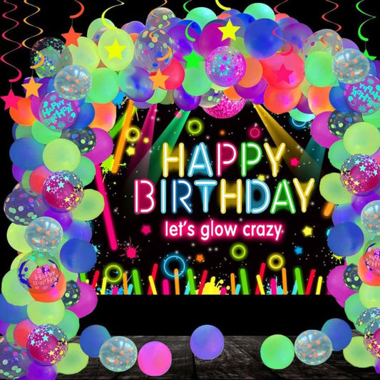 Neon Happy Birthday Banner with Glow in the Dark Balloon Arch Decoration Kit - 80PC