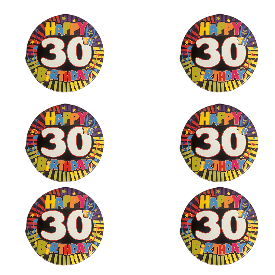 30th Birthday Badges - Pack of 6