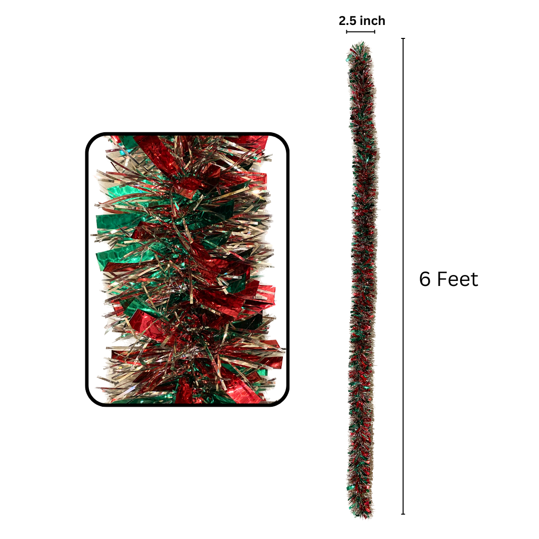 Silver Green Red Garland used as Tree Wraps or Glass Decoration or Ceiling Hanging Decoration - 6FT - 1 PC