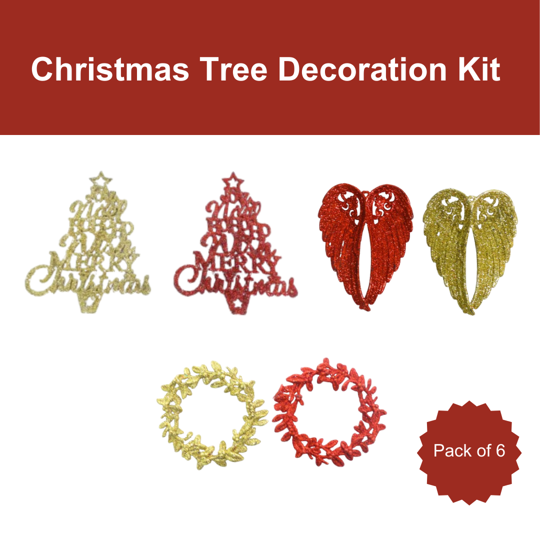 Glitterati Merry Christmas, Angel Wings and Christmas Wreath Tree Decoration Kit - Set of 6 PC