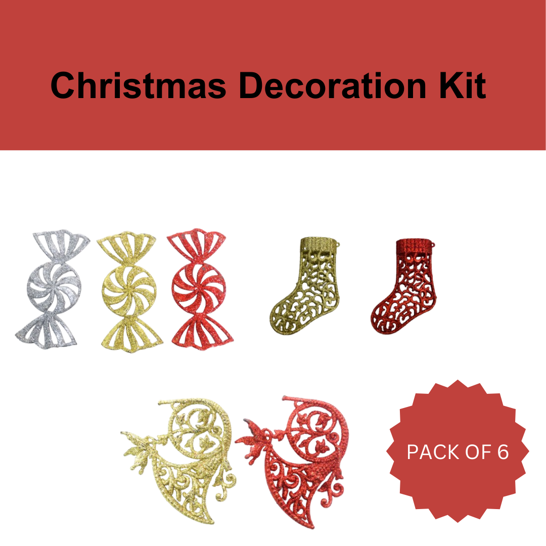 Christmas Stockings, Candy and Trumpet Tree Decoration Kit - Set of 6 PC