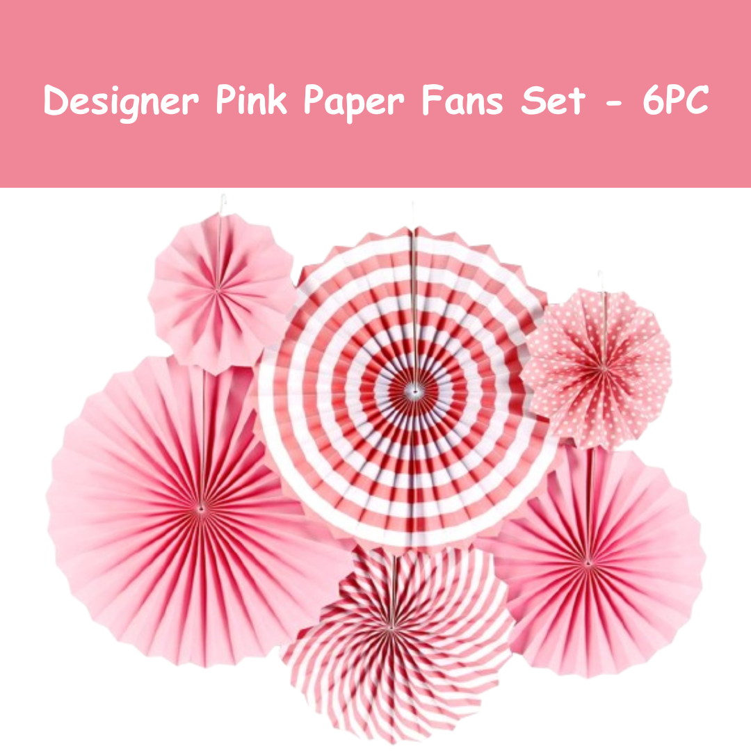 Designer Pink Paper Fans Set - 6PC