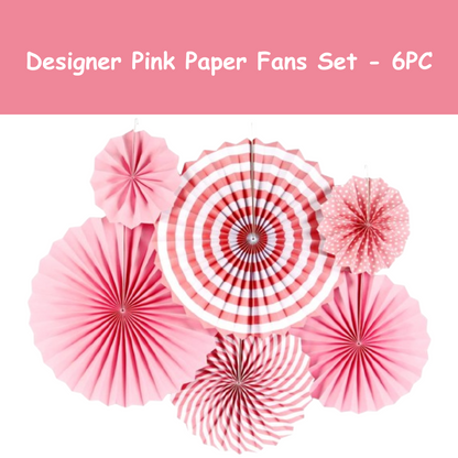 Designer Pink Paper Fans Set - 6PC