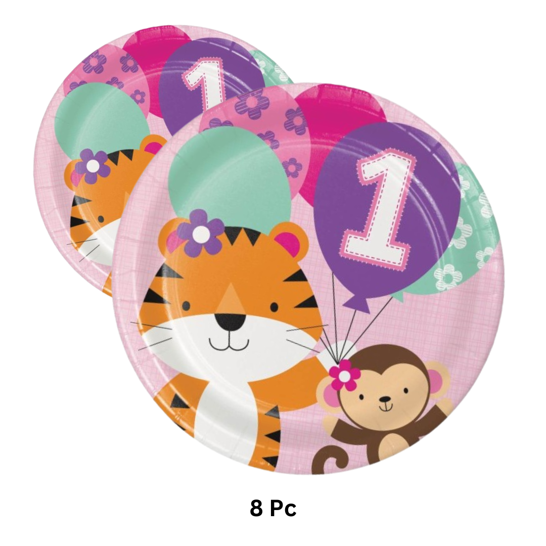 1st Birthday Fun Square Paper Plates for Girls 1st Birthday / Measures 9 inches / Great For Lunch or Dinner Servings / Big Size / Sturdy - 8PC