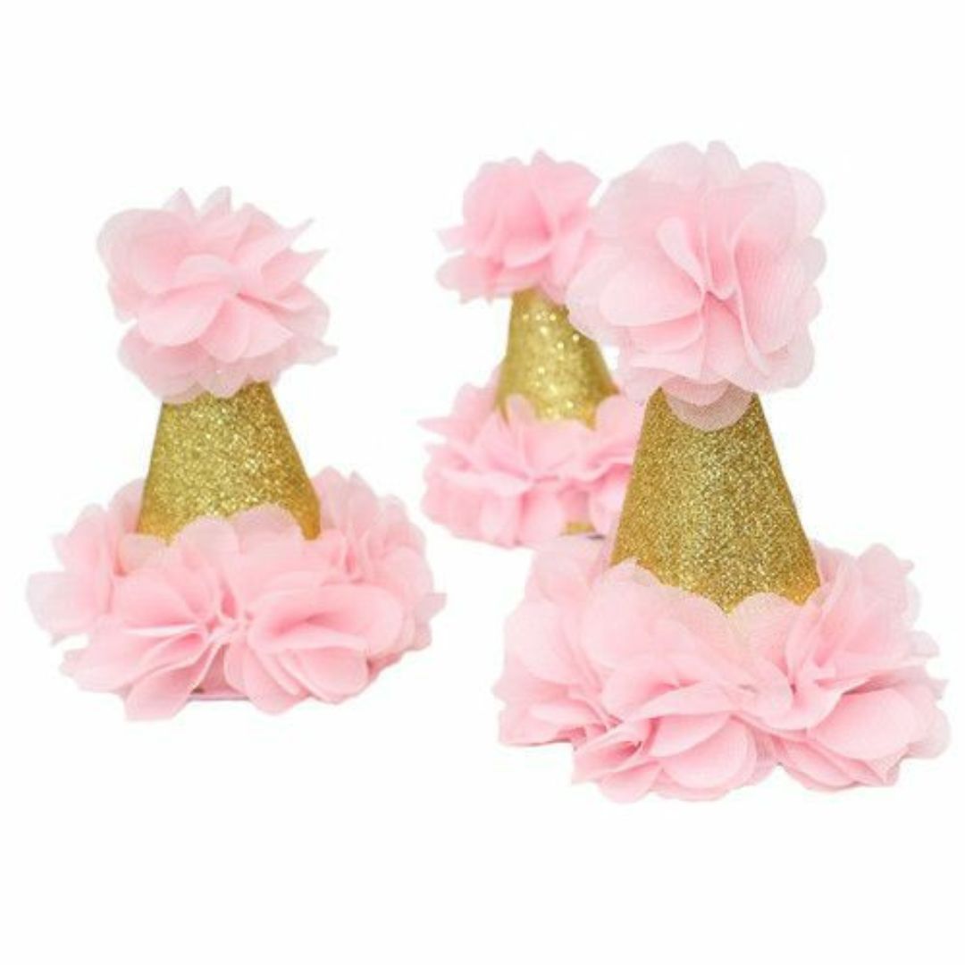 Golden Conical Hat with Pink Flower