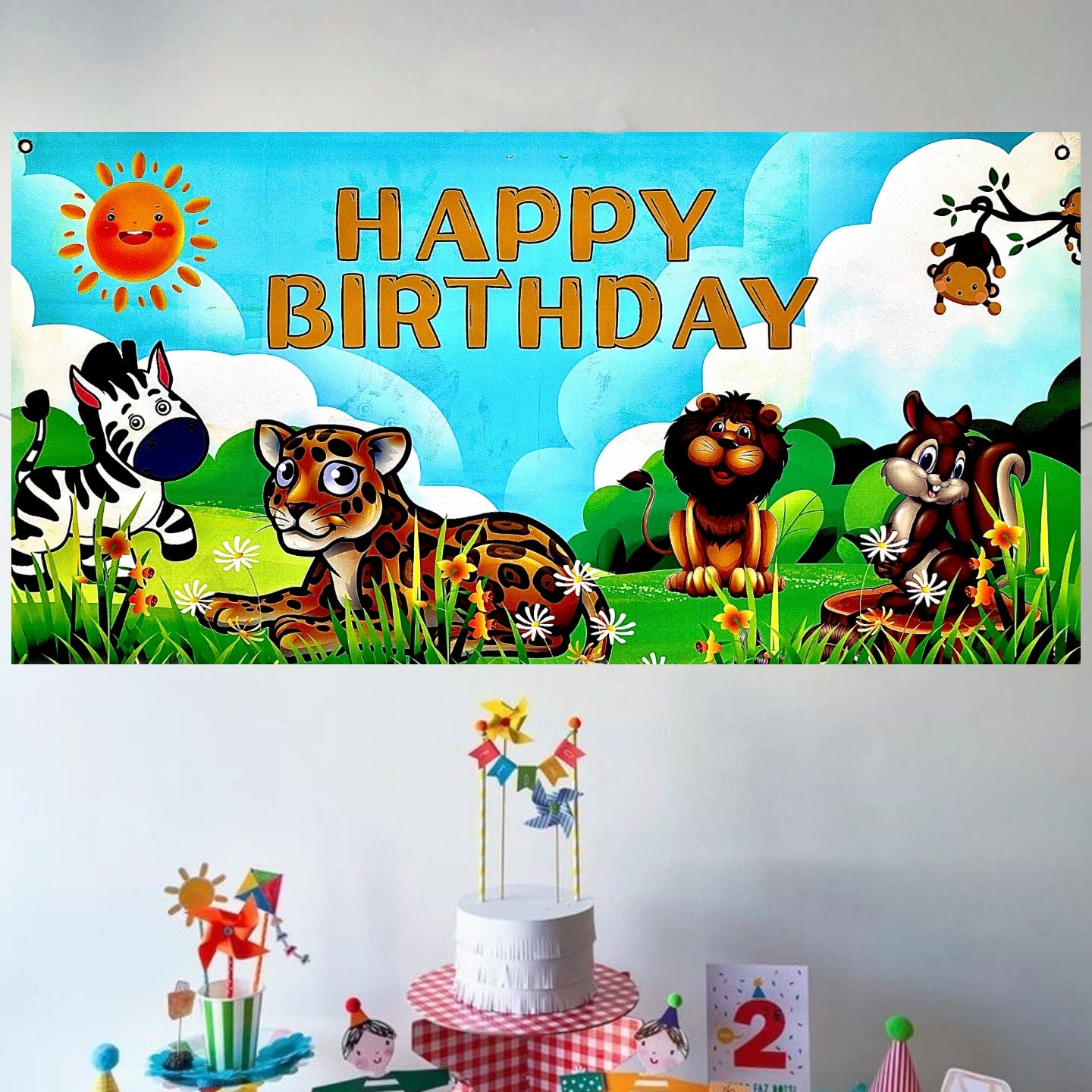 Jungle Animal Happy Birthday Banner - 4FT X 2FT