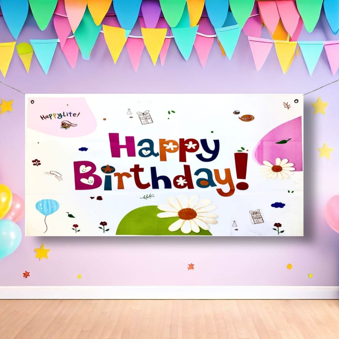 Happy Birthday Floral Print Banner - 4FTX2FT