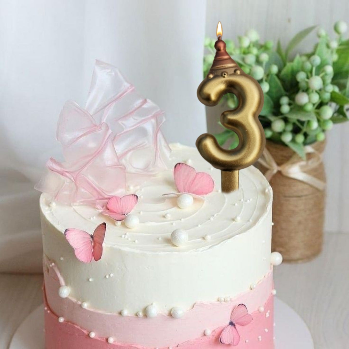 Golden Numerical Candle 3 with Pink Hat