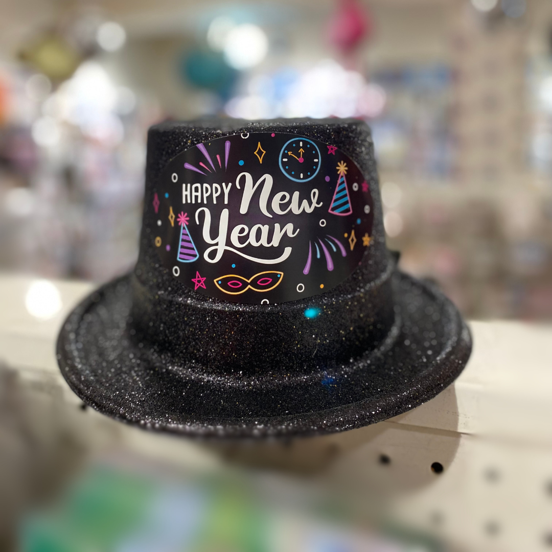 Happy New Year Glitter Hat Black