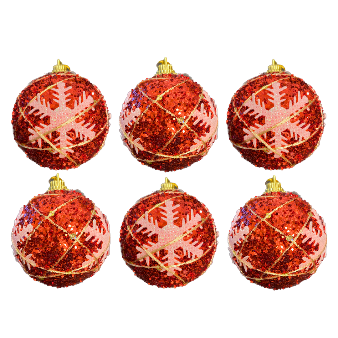 Christmas Tree Ornaments Red Ball with Snow Flakes - Set of 2