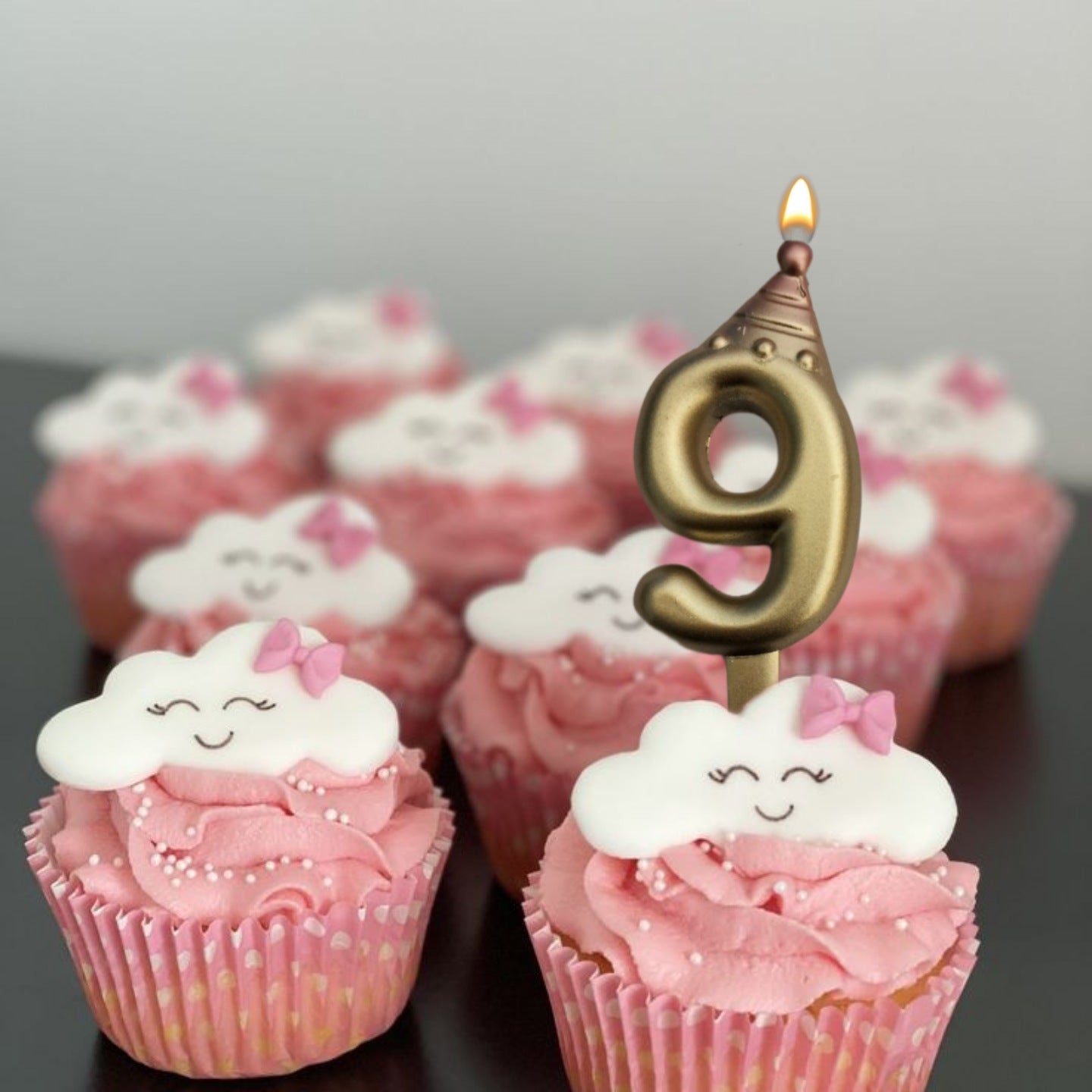 Golden Numerical Candle 9 with Pink Hat