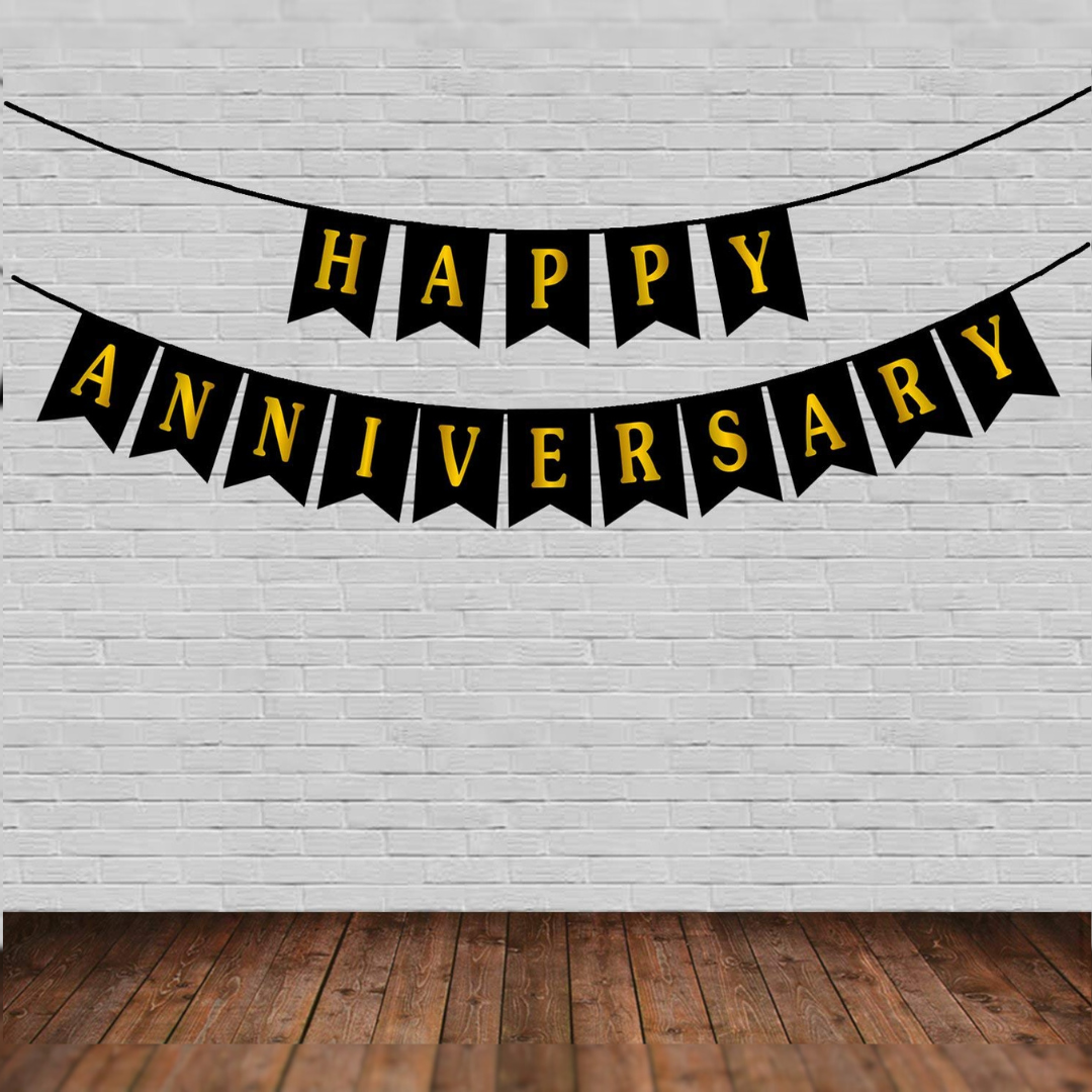 Black & Gold Happy Anniversary Banner - Over 9FT