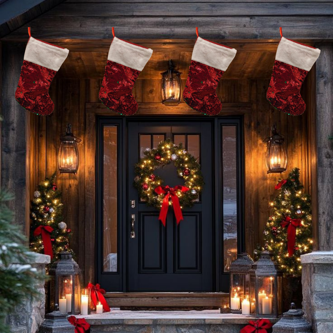 Red Sequin Stockings with Plush White Border