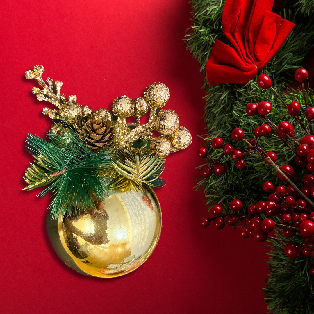 Christmas Tree Ornaments - Metallic Gold Ball Hanging with Pine Golden Cherry & Leaves - 1 PC