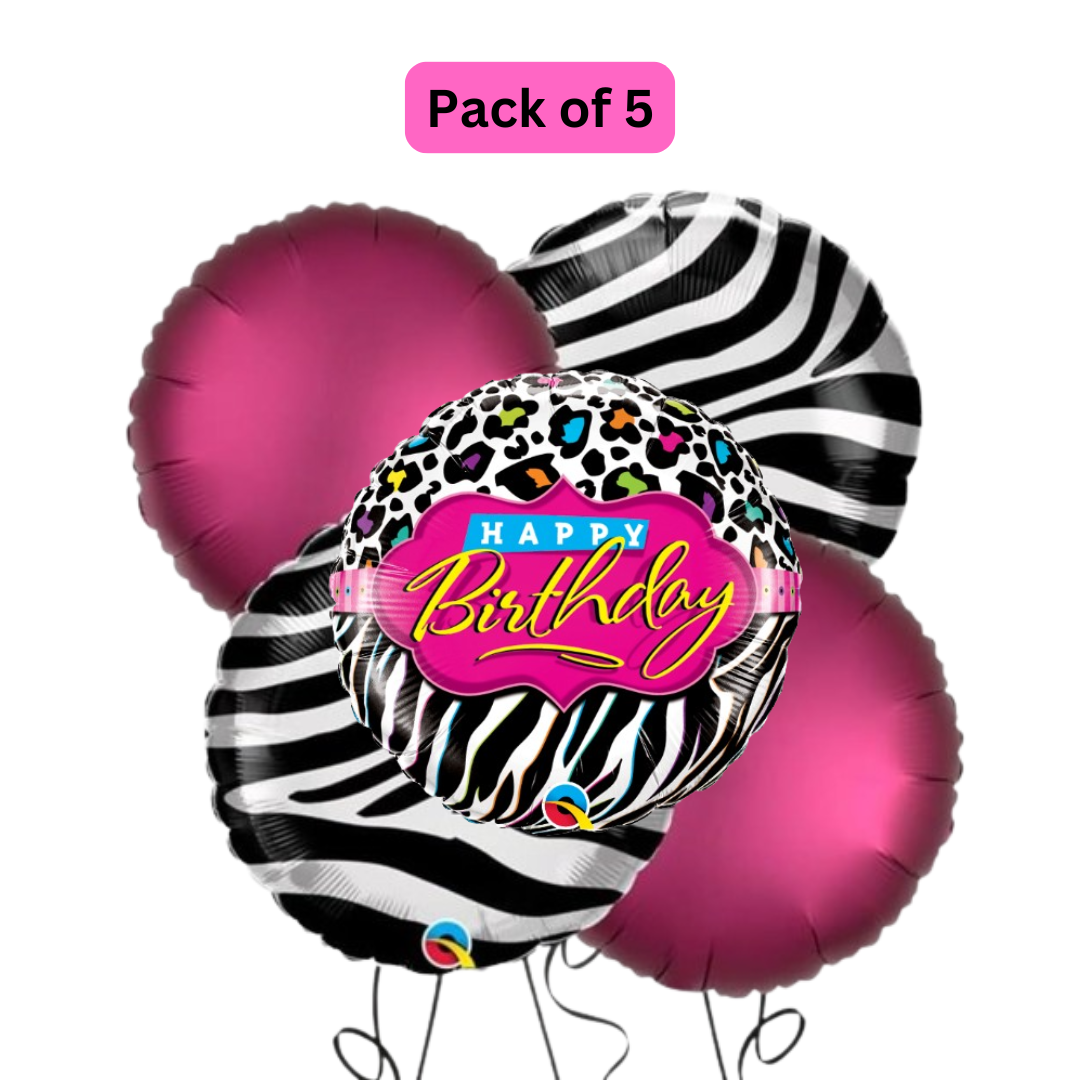 Happy Birthday Black &amp; White Set with Pink Round Balloons - 5PC