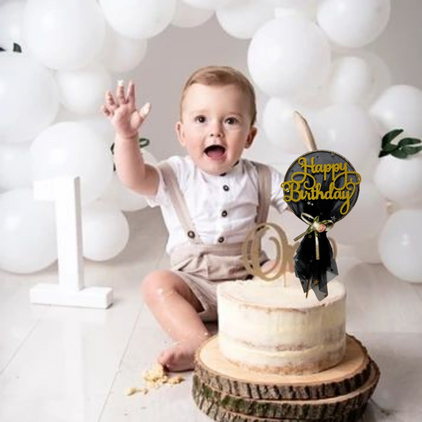 Happy Birthday Golden Cake Topper with Black Net