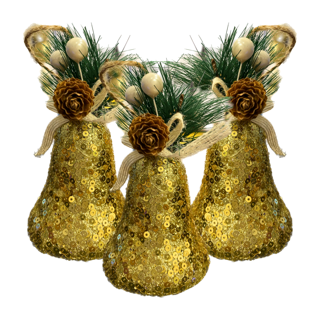 Christmas Tree Ornaments Golden Sequin Bell with Pine Cone Hanging - 3PC