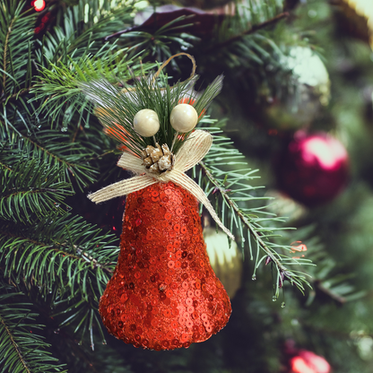 Christmas Tree Ornaments Red Sequin Bell with Pine Cone Hanging - 3PC