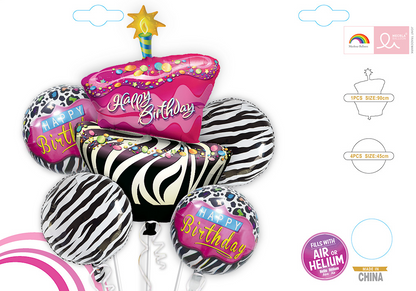 Happy Birthday Pink &amp; Black Zebra Stripes Balloon