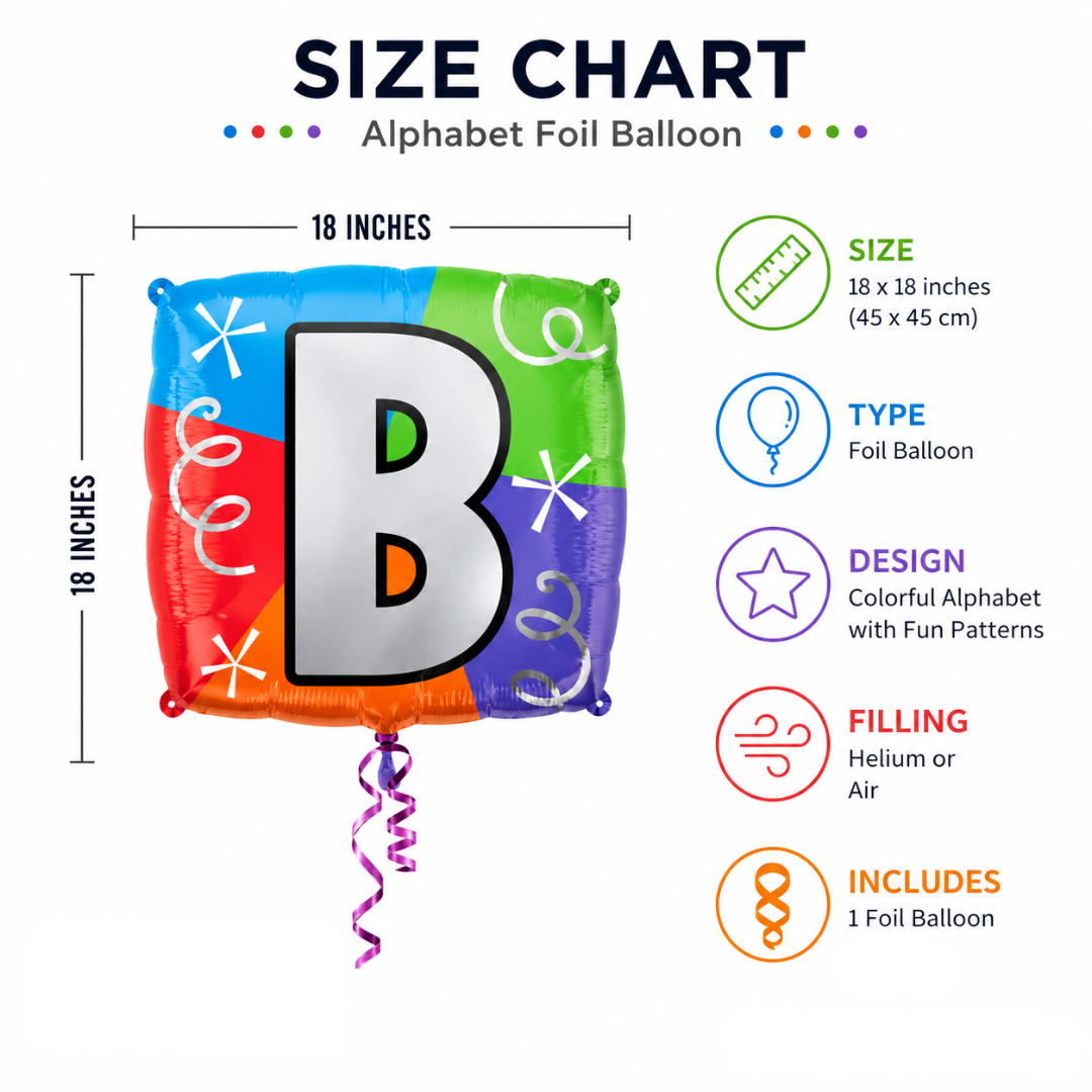 Alphabet "B" Printed Square Shaped Balloon Helium Supported for Birthday Boy/Girl Name Initiatls - 18 inches