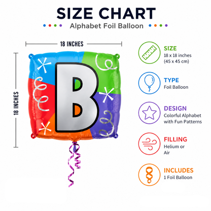 Alphabet "B" Printed Square Shaped Balloon Helium Supported for Birthday Boy/Girl Name Initiatls - 18 inches