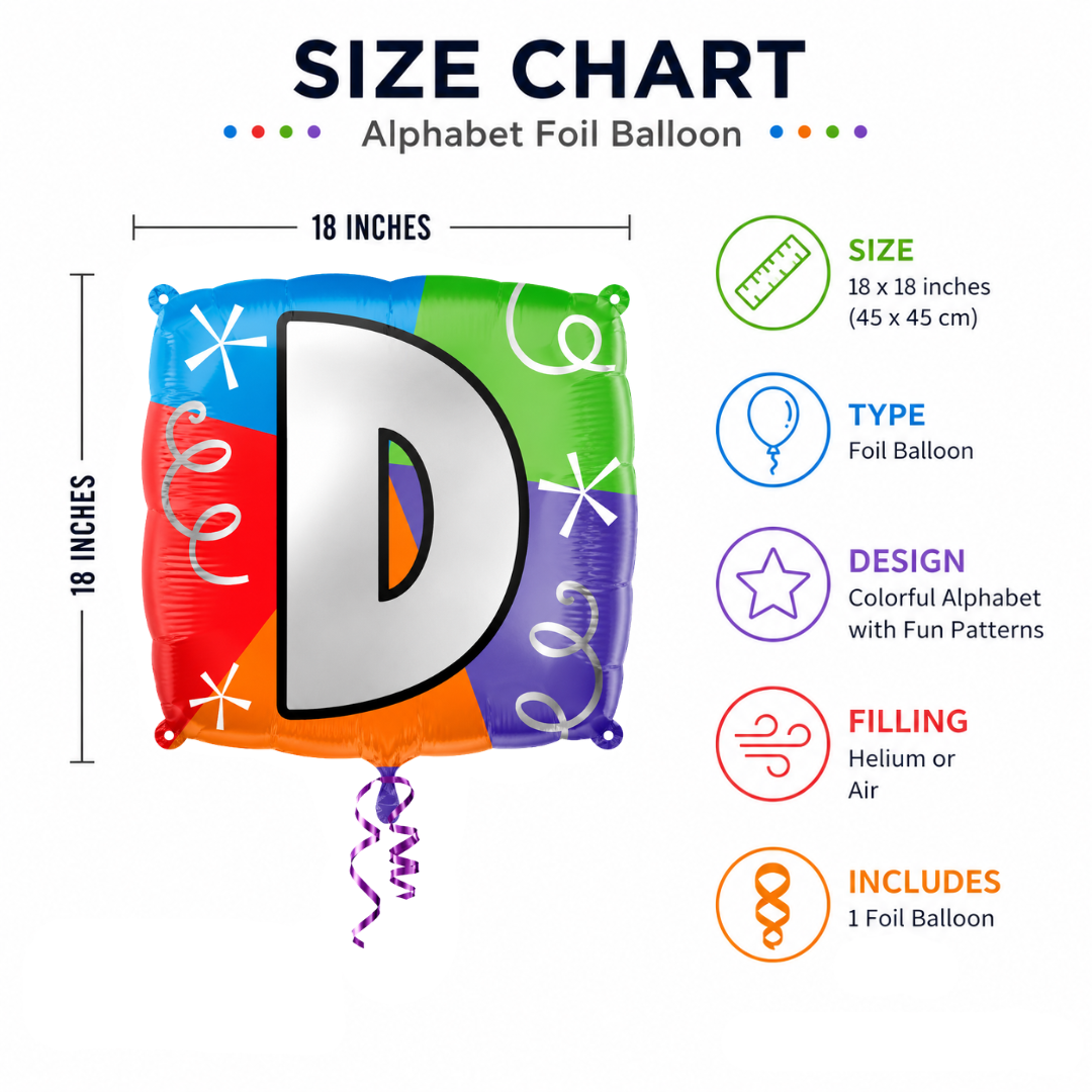Alphabet "D" Printed Square Shaped Balloon Helium Supported for Birthday Boy/Girl Name Initiatls - 18 inches