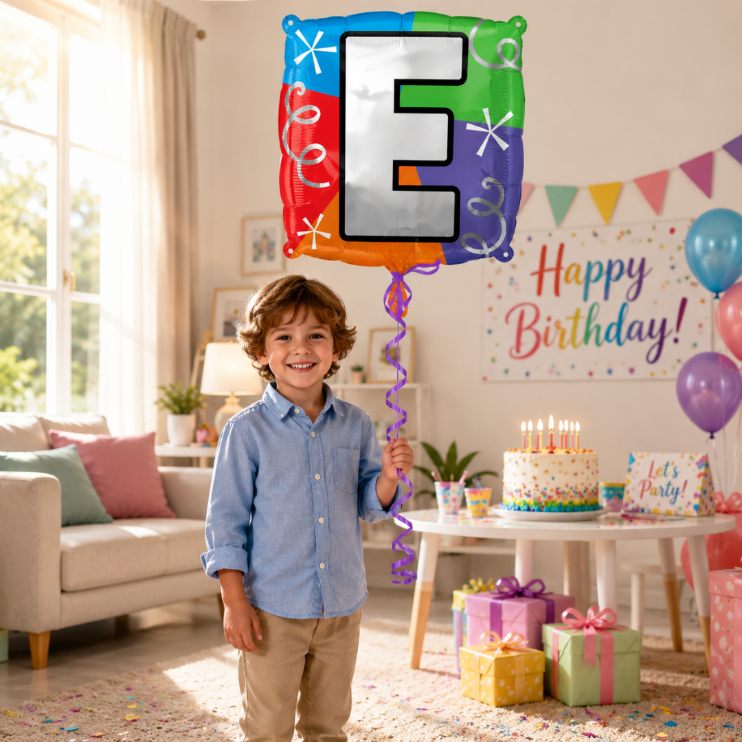 Alphabet "E" Printed Square Shaped Balloon Helium Supported for Birthday Boy/Girl Name Initiatls - 18 inches