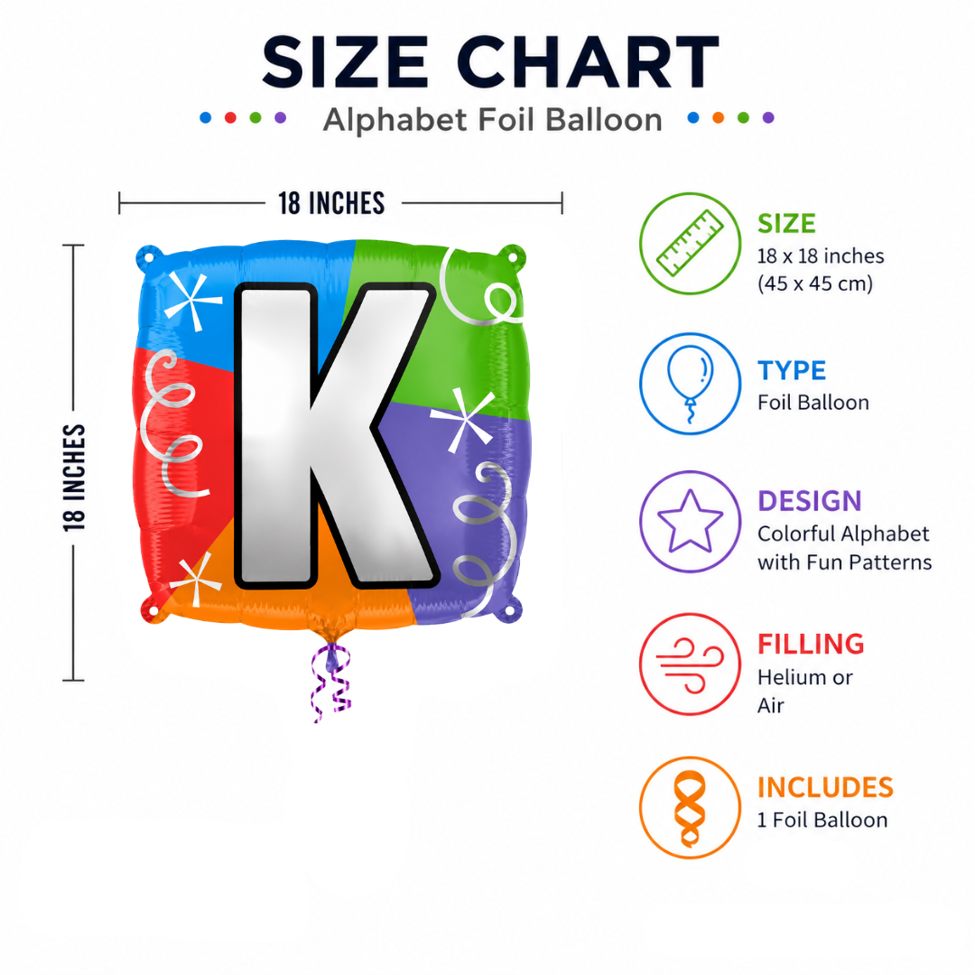 Alphabet "K" Printed Square Shaped Balloon Helium Supported for Birthday Boy/Girl Name Initiatls - 18 inches