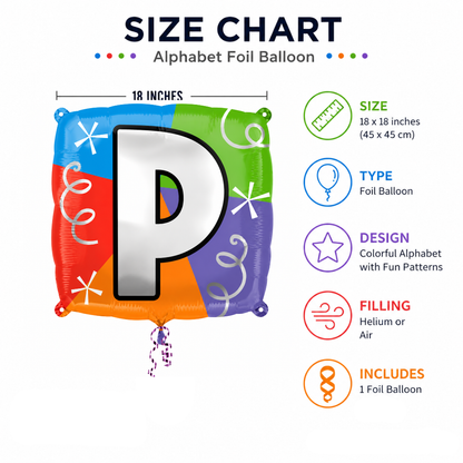 Alphabet "P" Printed Square Shaped Balloon Helium Supported for Birthday Boy/Girl Name Initiatls - 18 inches