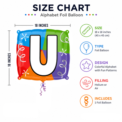 Alphabet "U" Printed Square Shaped Balloon Helium Supported for Birthday Boy/Girl Name Initiatls - 18 inches