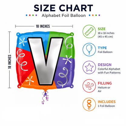 Alphabet "V" Printed Square Shaped Balloon Helium Supported for Birthday Boy/Girl Name Initiatls - 18 inches
