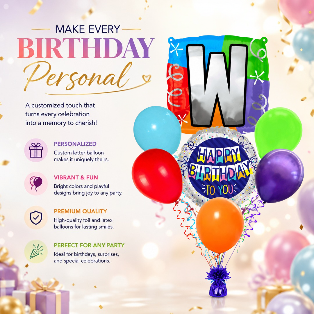 Alphabet "W" Printed Square Shaped Balloon Helium Supported for Birthday Boy/Girl Name Initiatls - 18 inches