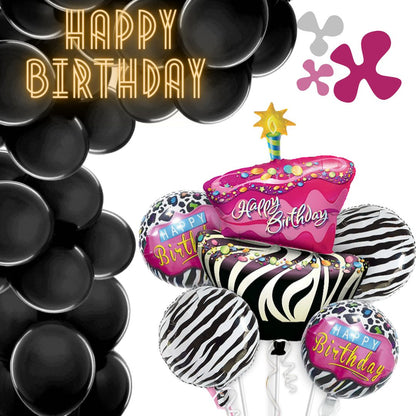 Happy Birthday Pink &amp; Black Zebra Stripes Balloon