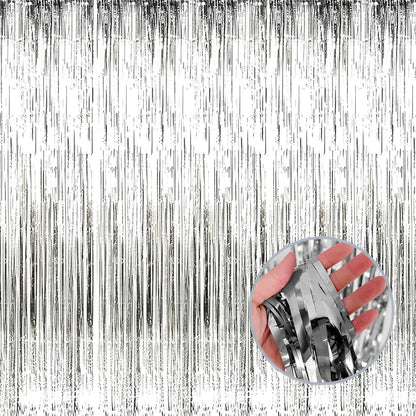 2Pcs Silver Metallic Tinsel Foil Fringe Curtains, 3.28ft x 6.56ft Silver Photo Booth Backdrop Streamer Curtain,Great for Bachelorette, Birthday,Christmas,New Year Party Decorations