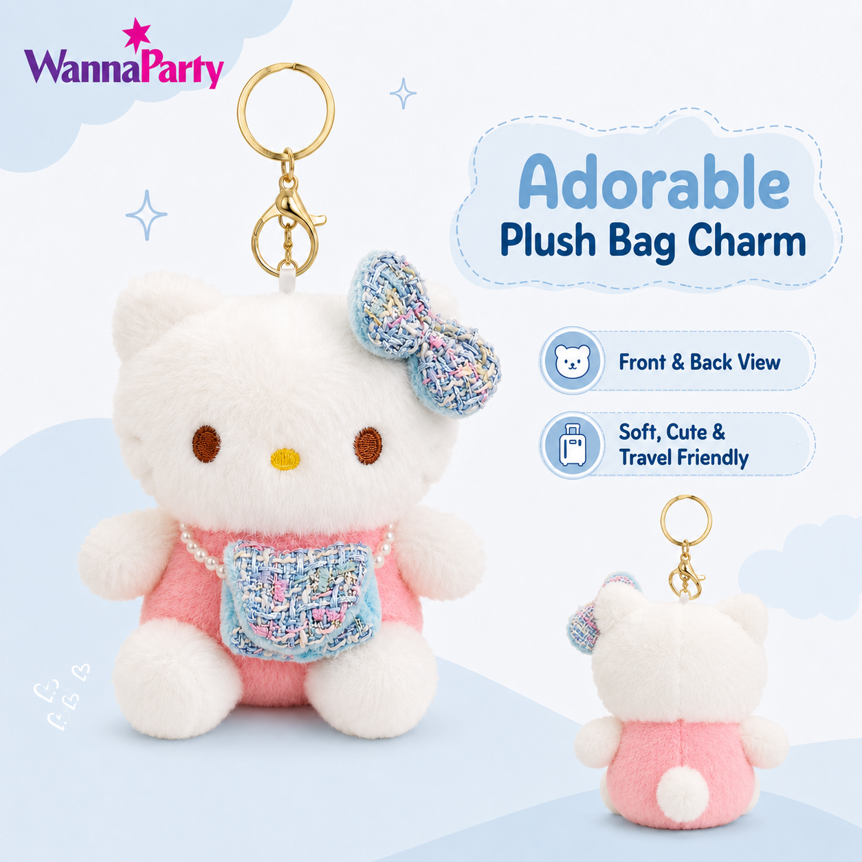 Blue Hello Kitty Plushy Key Chain | Cute Kawaii Blue Cat Plush Keychain | Soft Bag Charm with Blue Bow & Mini Purse, Gold Metal Chain for Backpack, Handbag, Keys, Birthday Return Gift & Party Favor – 1PC