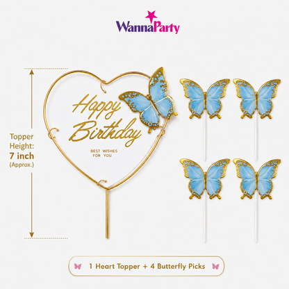 Happy Birthday Cake Topper with Blue Butterflies - 5PC