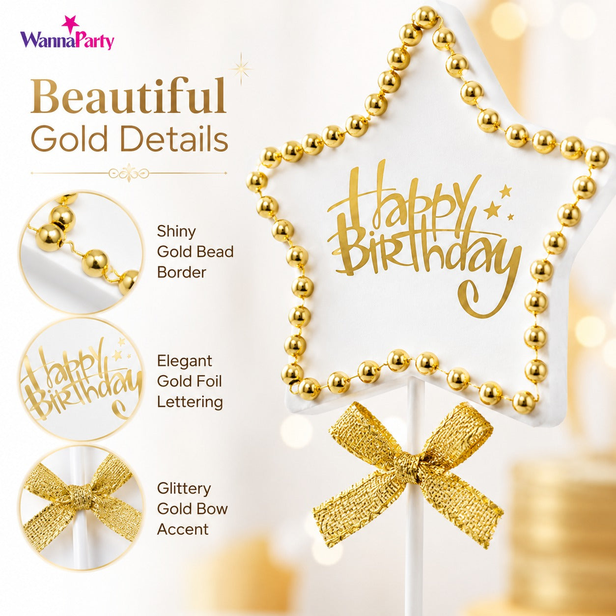 Birthday Star Cake Topper, White & Gold Star Design with Bead Border & Bow | Birthday Cake Decoration Kit for Kids, Adults, Party Cakes & Dessert Table – 1PC