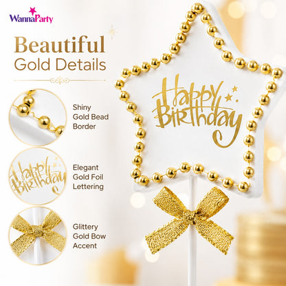 Birthday Star Cake Topper, White & Gold Star Design with Bead Border & Bow | Birthday Cake Decoration Kit for Kids, Adults, Party Cakes & Dessert Table – 1PC