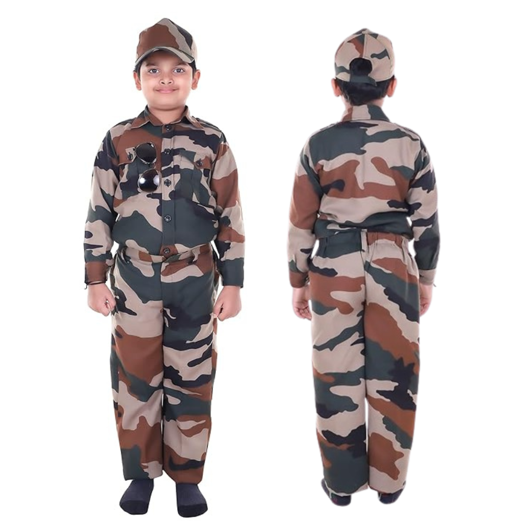 Army Costume w/ Cap, Toy Gun, Whistle for Kids - Size S - Age 3 to5 - 1PC