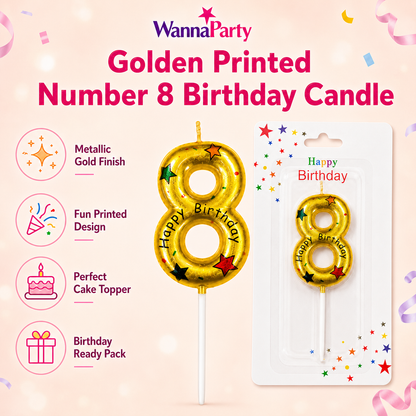 Golden Color Happy Birthday Printed Candle Number 8