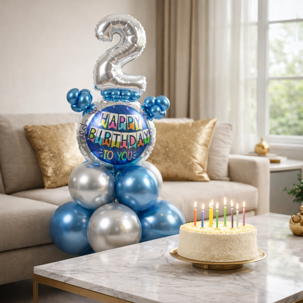 Designer Blue & Silver Balloon Bouquet Arrangement for 2nd Birthday
