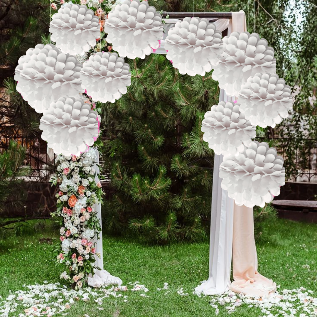 Paper Pom Pom Hangings for Decoration-10 inch 5 pieces Ceiling Decoration Items, Pom Poms, Fluffy Decoration- White-NO DIY