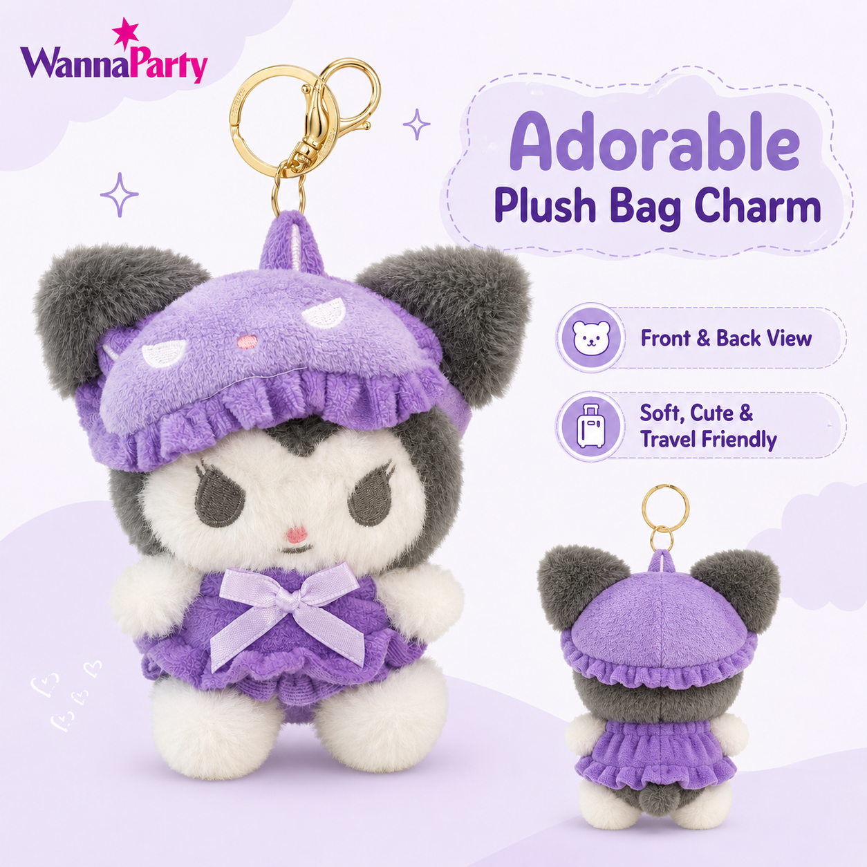 Cute Kawaii Kuromi Plush Keychain, Soft Black & White Character Bag Charm with Purple Outfit & Gold Metal Chain, Backpack, Handbag, Keys, Birthday Return Gift – 1PC
