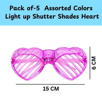Set of 5 Light up Shutter Shades Heart, Led Neon Rave SunGlasses, Party Eyeglass, Flashing Sunglasses for Neon & Bachelorette Party Glow in Dark Christmas Party Sunglasses (Assorted Colors)