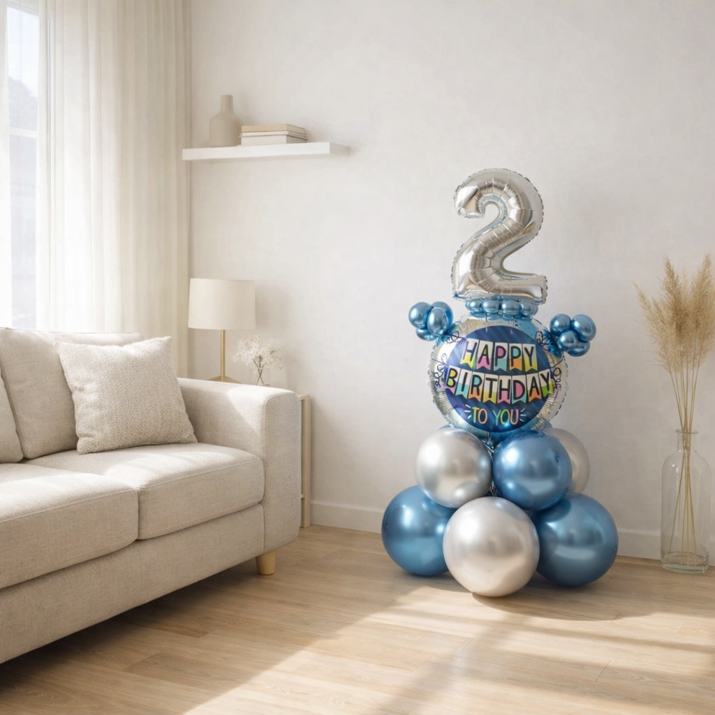 Designer Blue & Silver Balloon Bouquet Arrangement for 2nd Birthday