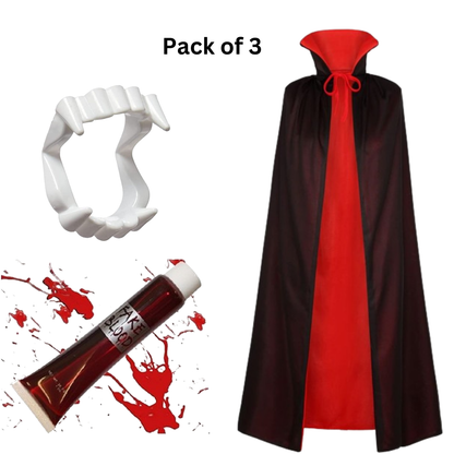 Vampire Costume Set for Adult Teen Unisex-Halloween Vampire Reversible Cloak, Vampire Fangs, Fake Blood for Halloween Costumes