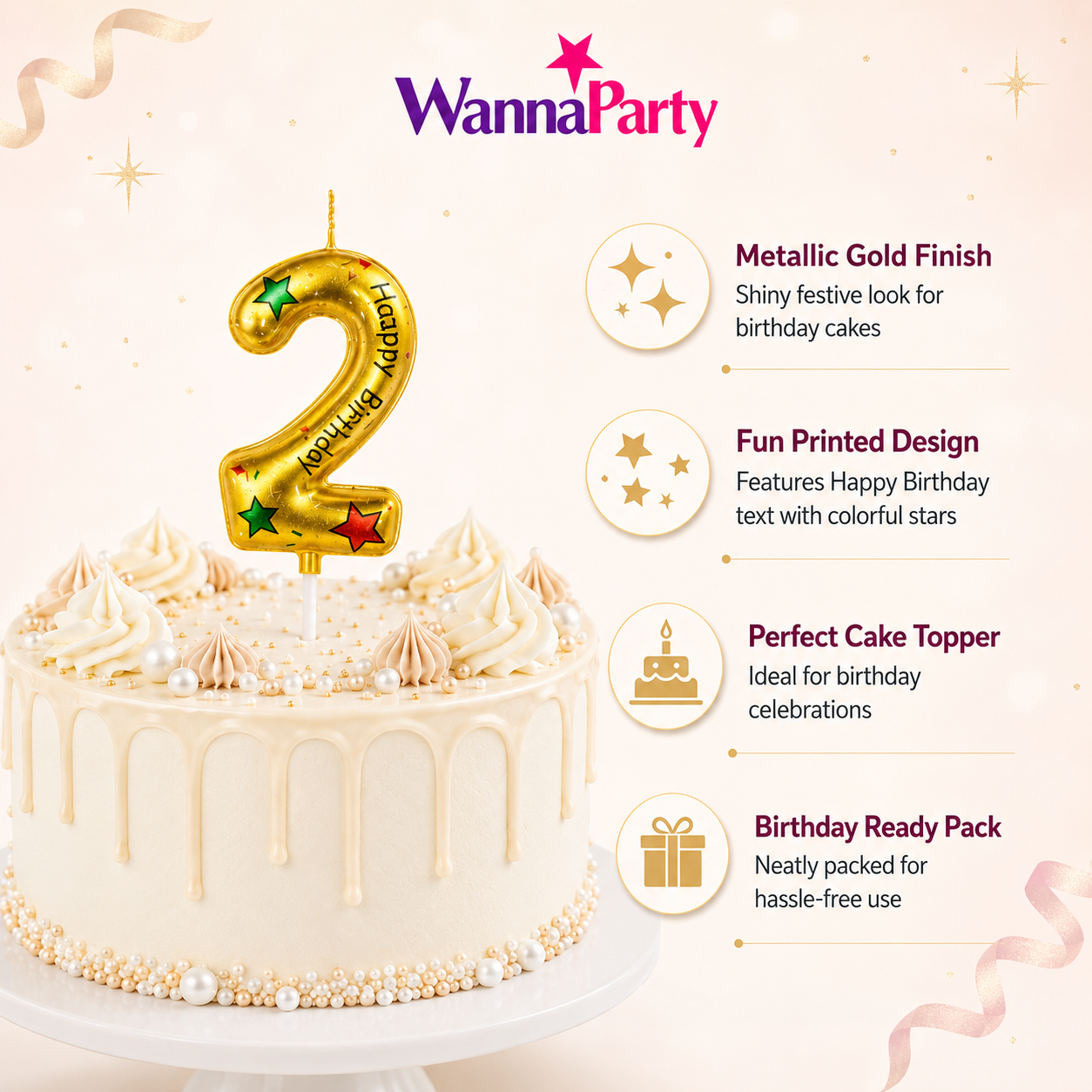 Golden Color Happy Birthday Printed Candle Number 2
