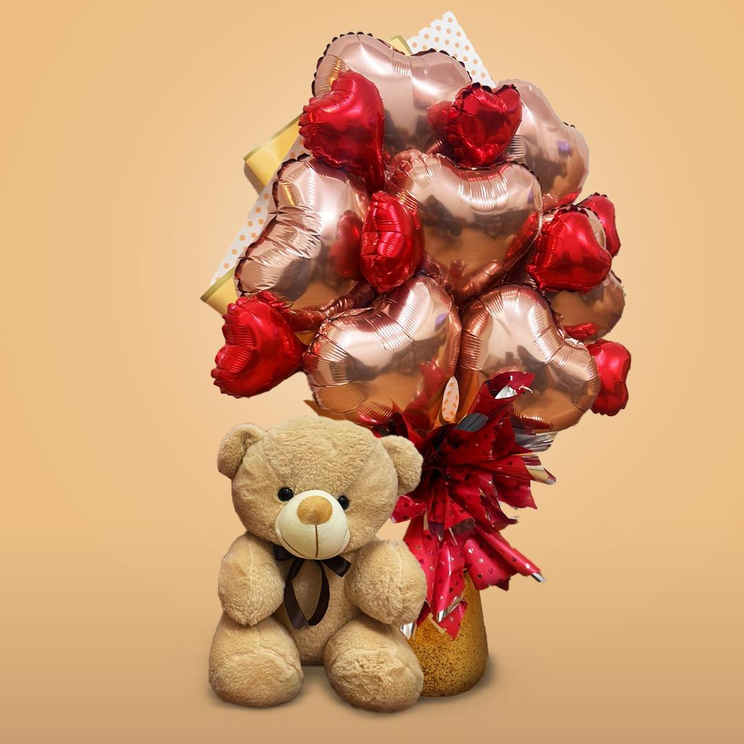 Rose Gold Heart 10" and Red Heart 6"  Balloon Bouquet - Set of 14